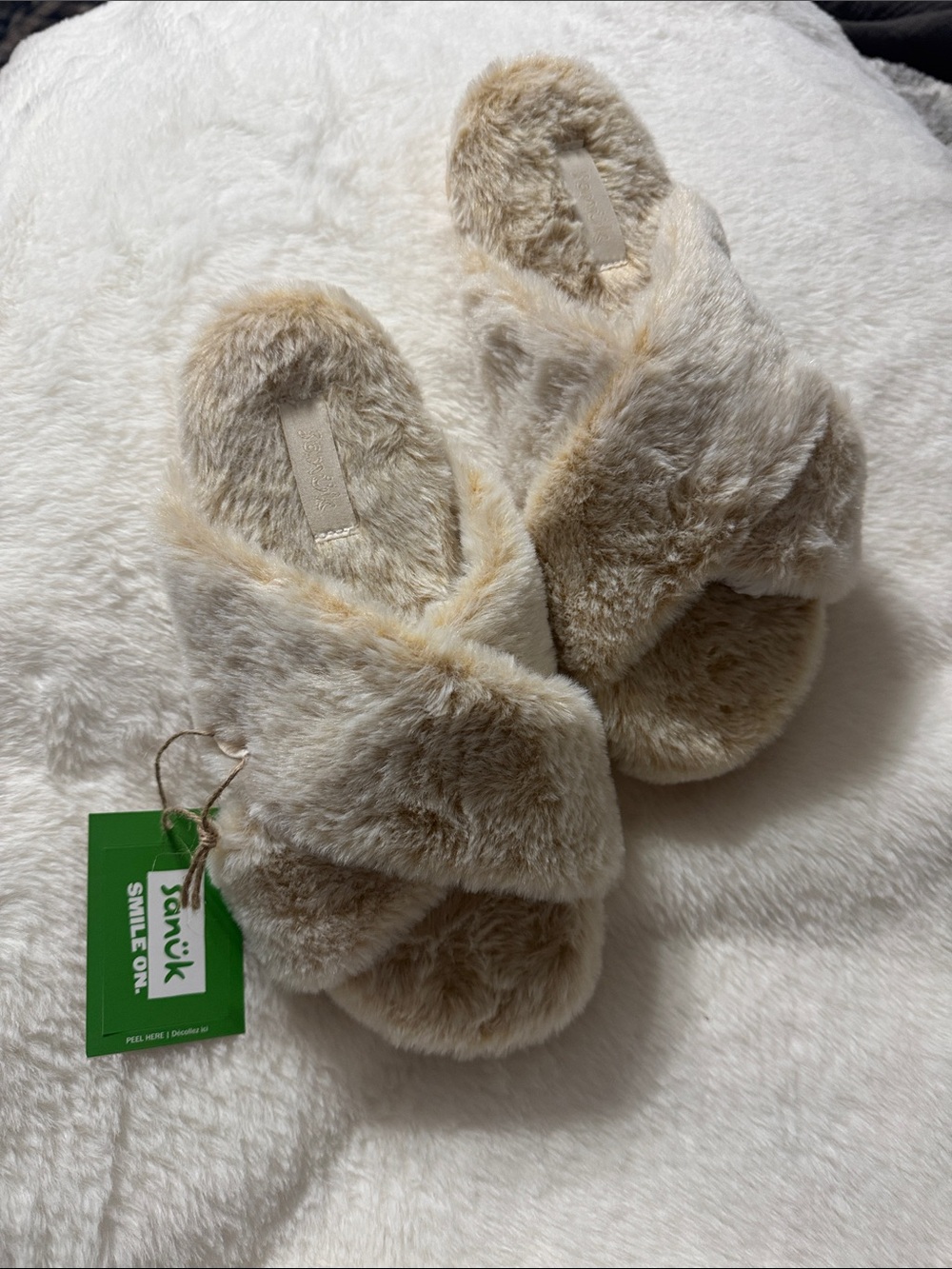 Sanuk Beige Faux Fur Crisscross Slide Slippers